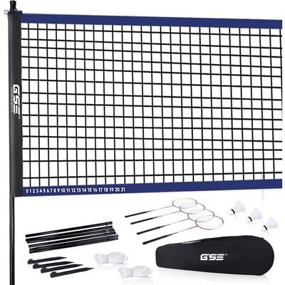 GSE Games & Sports Expert GSE™ Portable Badminton Complete Set with Badminton Net, 4 Rackets & 3 Shuttlecocks - Outdoor Backyard Beach Games