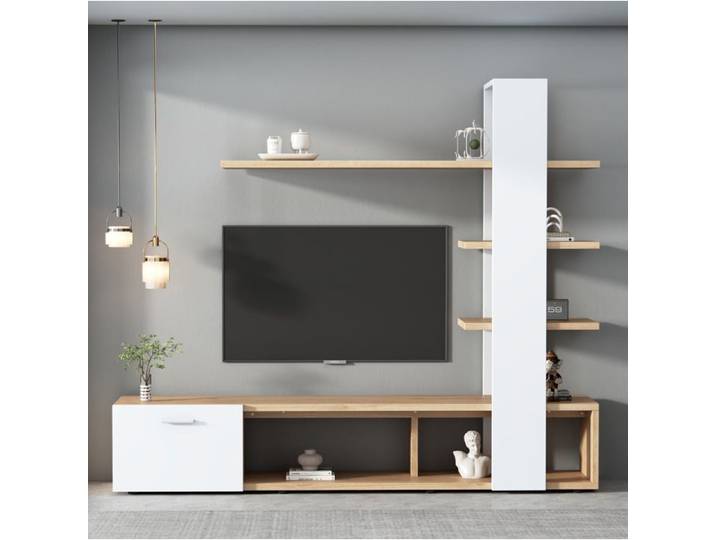 SENVIRO meuble TV mural en bois blanc et bois style minimaliste 180x34x152cm blanc et bois