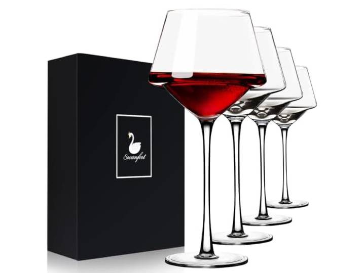 Swanfort Rotweingläser 4er Set, mundgeblasene Kristallweingläser mit Stiel, einzigartiges Design im Geschenkkarton für alle Zwecke, 411 ml