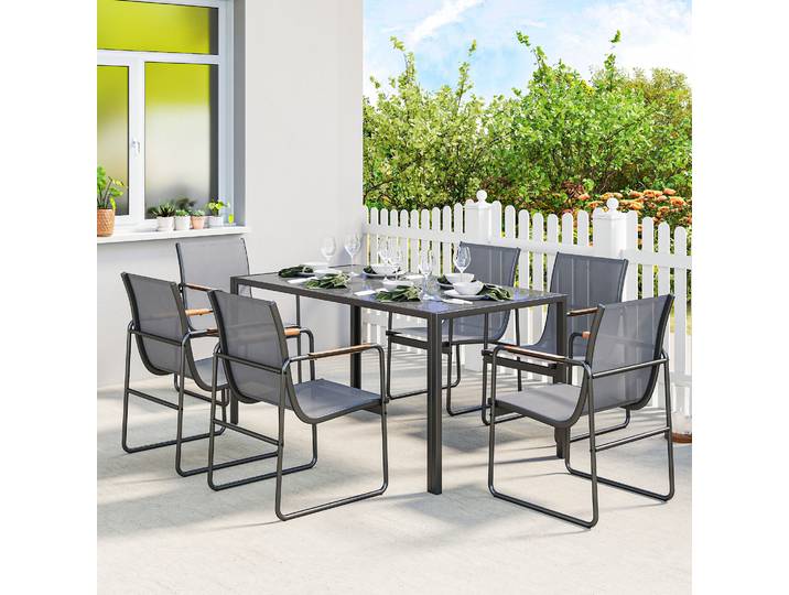 Outsunny Ensemble Salle à Manger Extérieur 7P Table Verre Chaises Gris