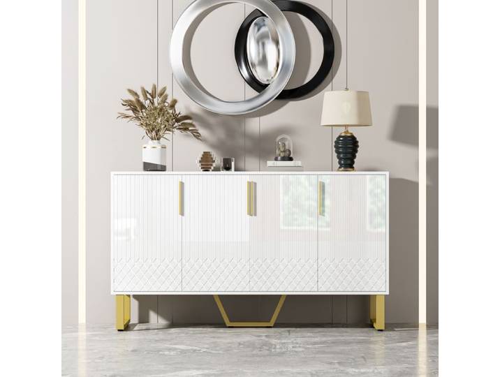 Buffet bas - Nalookamic - Blanc brillant - Motif géométrique - Pieds métalliques - Grand espace de rangement