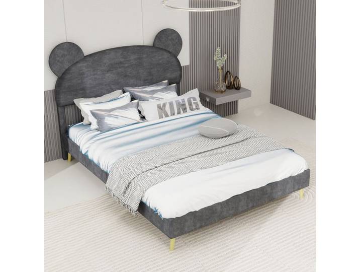 Lit double minimaliste 140x200 cm avec tête de lit cartoon mobilier de chambre lit double avec sommier à lattes gris