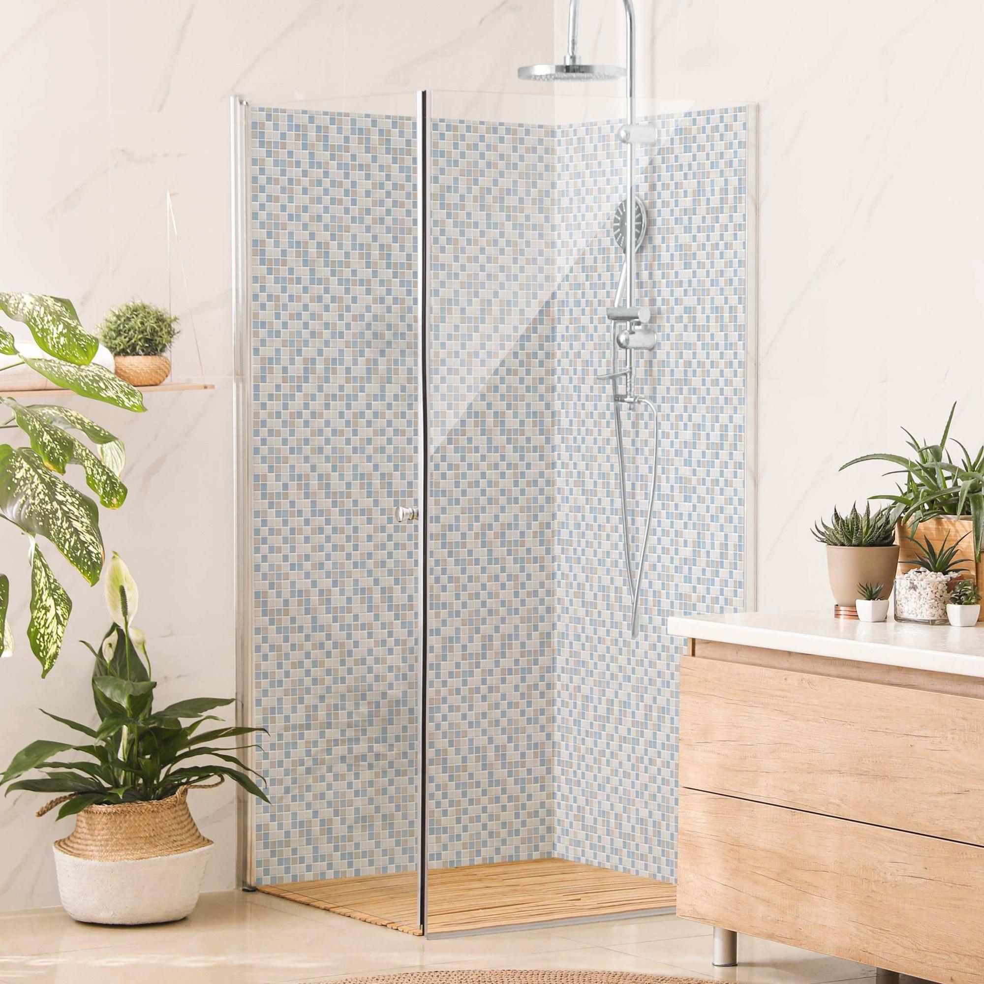 Duschrückwand Muster selbstklebend - 0.35 mm Wandpaneel wasserfest Design blau Fliesenoptik Illustration Badrückwand fugenlos Smart matt 110x210 cm