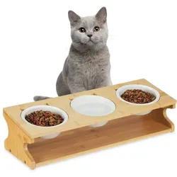 Relaxdays Katzen Futterstation mit 3 Näpfen Weiß,Hellbraun