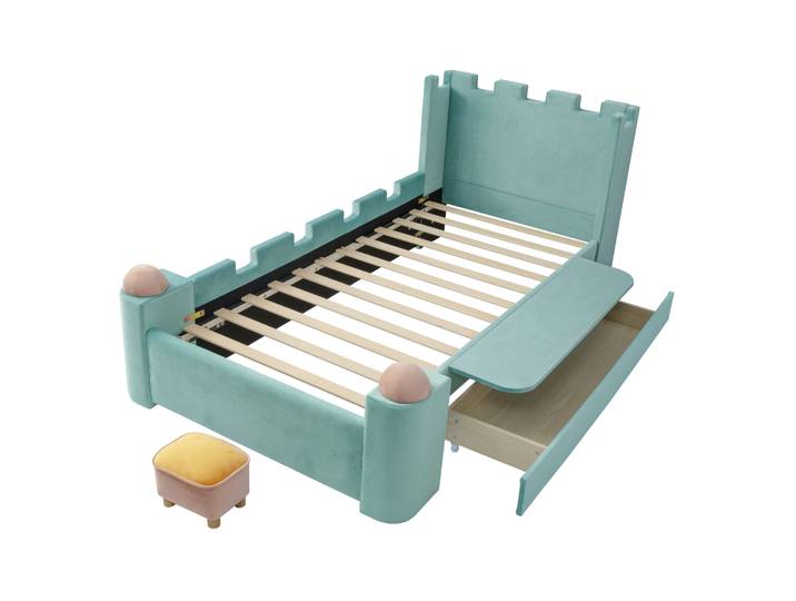 Lit Enfant Cabane Château 90x200 Cm En Velours Français Bleu Vert Avec Tiroir