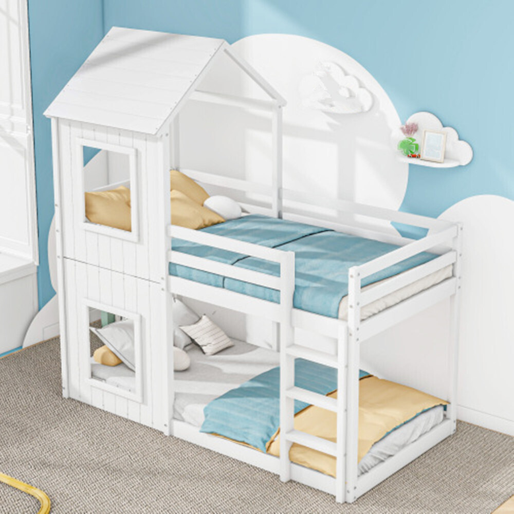 Etagenbett, Kinderbett, Hausbett für Mädchen und Jungen, mit Leiter & Baldachin,massivholz, 90*200cm