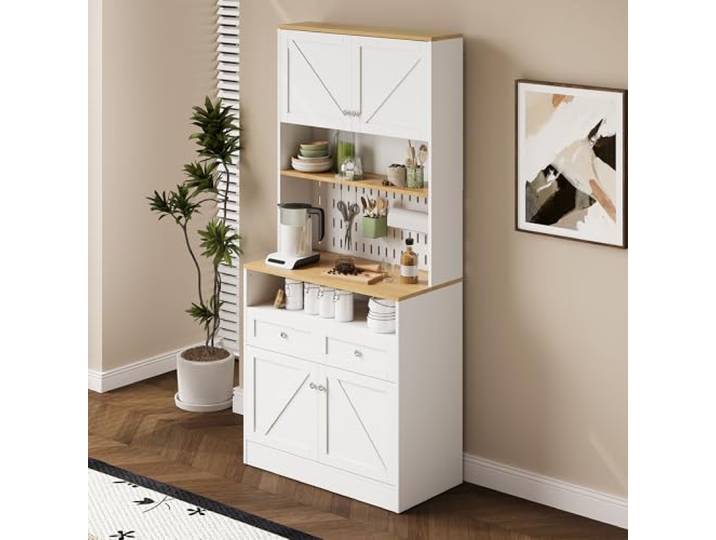 QLTXYHML Sideboard, weiß, 2 Schubladen, 4 Türen, verstellbare Regale, Retro