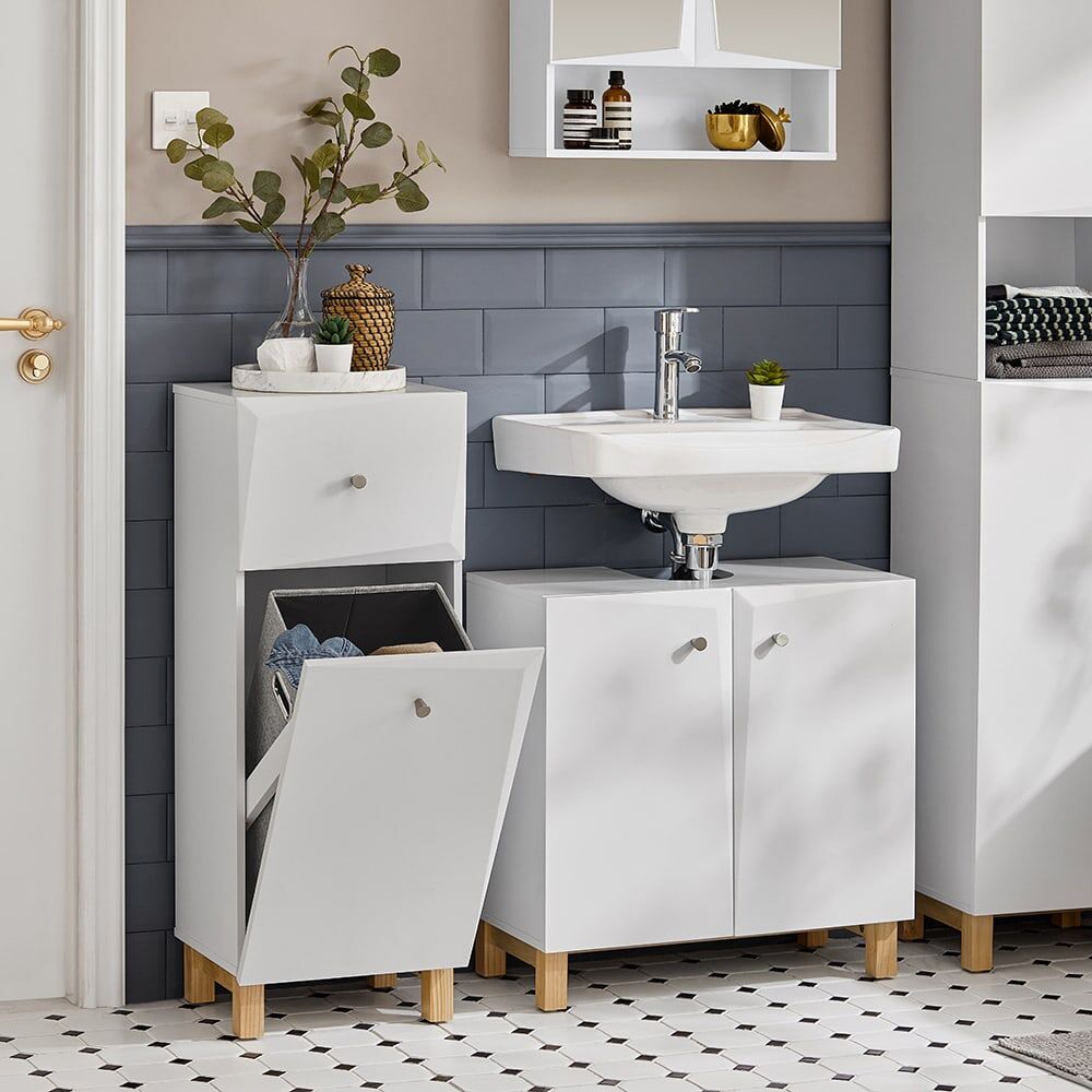 SoBuy Meuble bas 1 tiroir et 1 panier à linge effet bois blanc Blanc 34x90x30cm