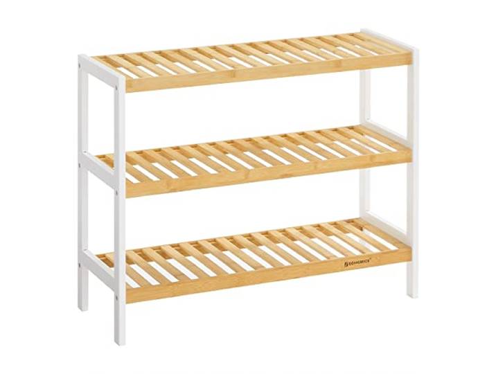 SONGMICS Étagère Chaussures à 3 Niveaux\, Meuble de Rangement Organisateur à Chaussures\, pour Entrée\, Couloir\, Taupe et Blanc\, Collection BAMBOU LBS03H
