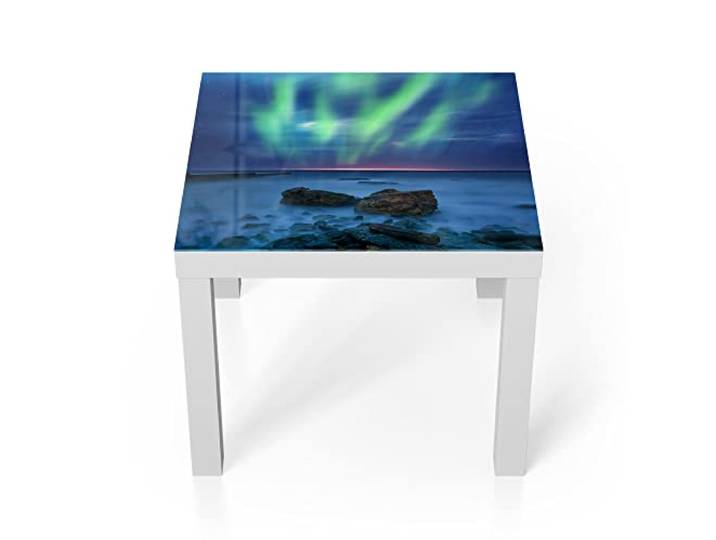 DEQORI Glastisch weiß klein 55x55 cm Motiv Polarlicht über Felsküste ausgefallener Beistelltisch aus Glas Hochglanz Couchtisch fürs Wohnzimmer moderner Couch Tisch mit Design