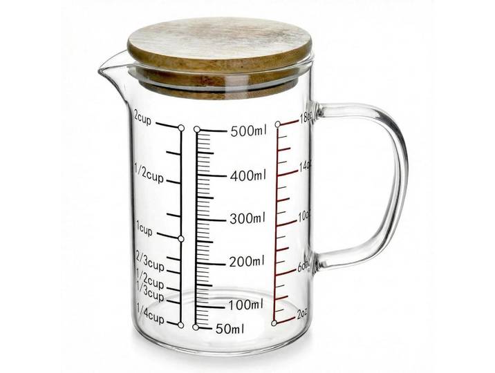 Messbecher 500ml Borosilikatglas mit Bambusdeckel, Transparent, Glas, Backen & Backzubehör, Messbecher