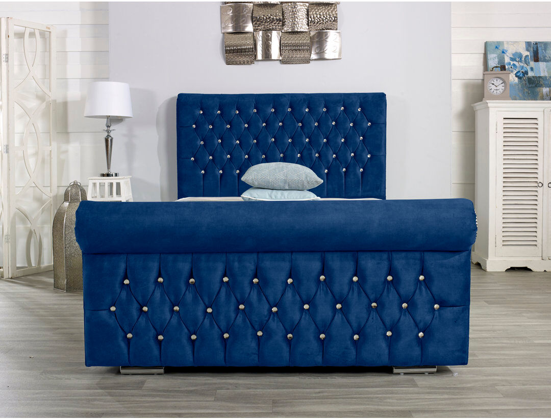 Wayfair Sleep Herveline Upholstered Bed Frame Blue Kingsize (5')