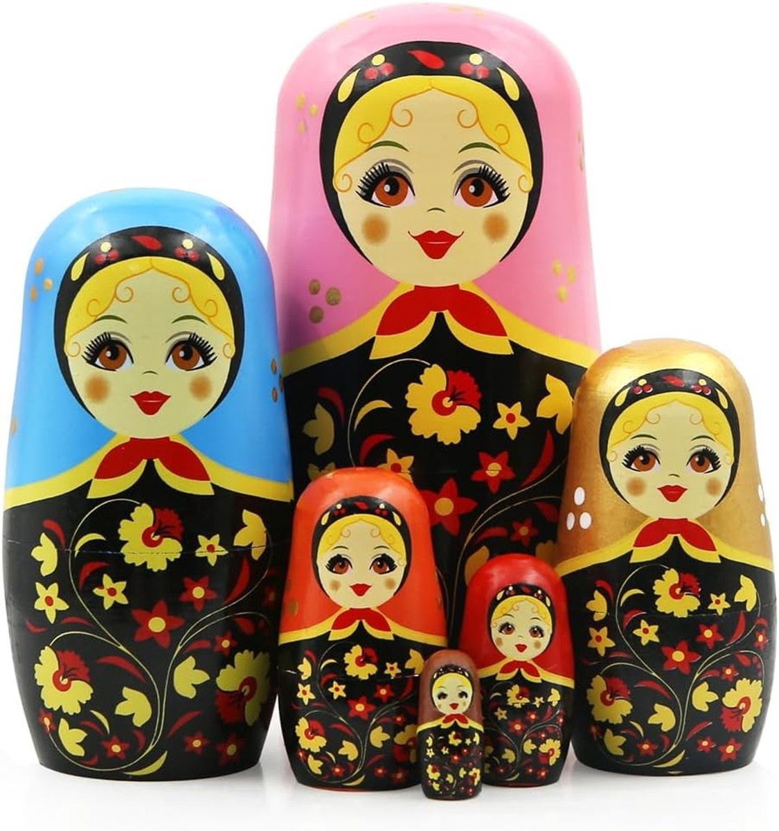Set van 6 Roze Bloem Matryoshka Poppen, Handgemaakte Houten Nesting Dolls voor Kinderen en Decoratie