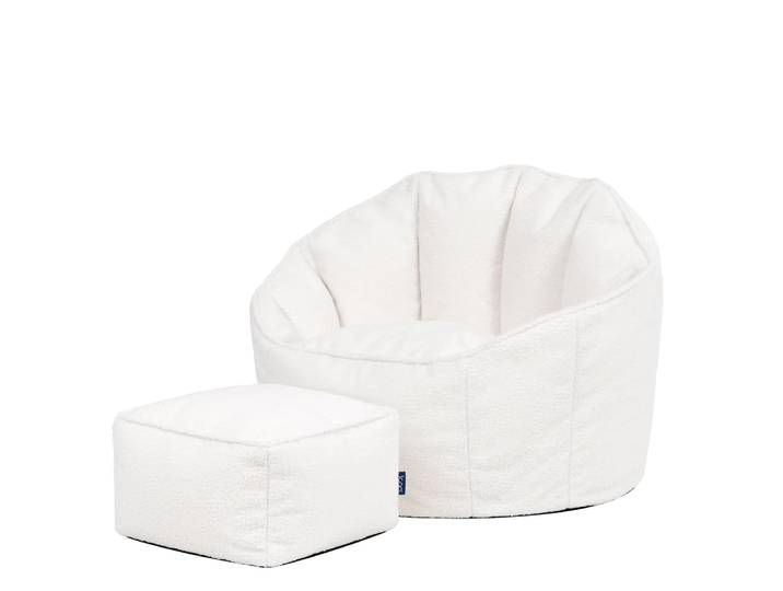 Pouf bouclette fauteuil coquillage avec repose-pied carré, ivoire