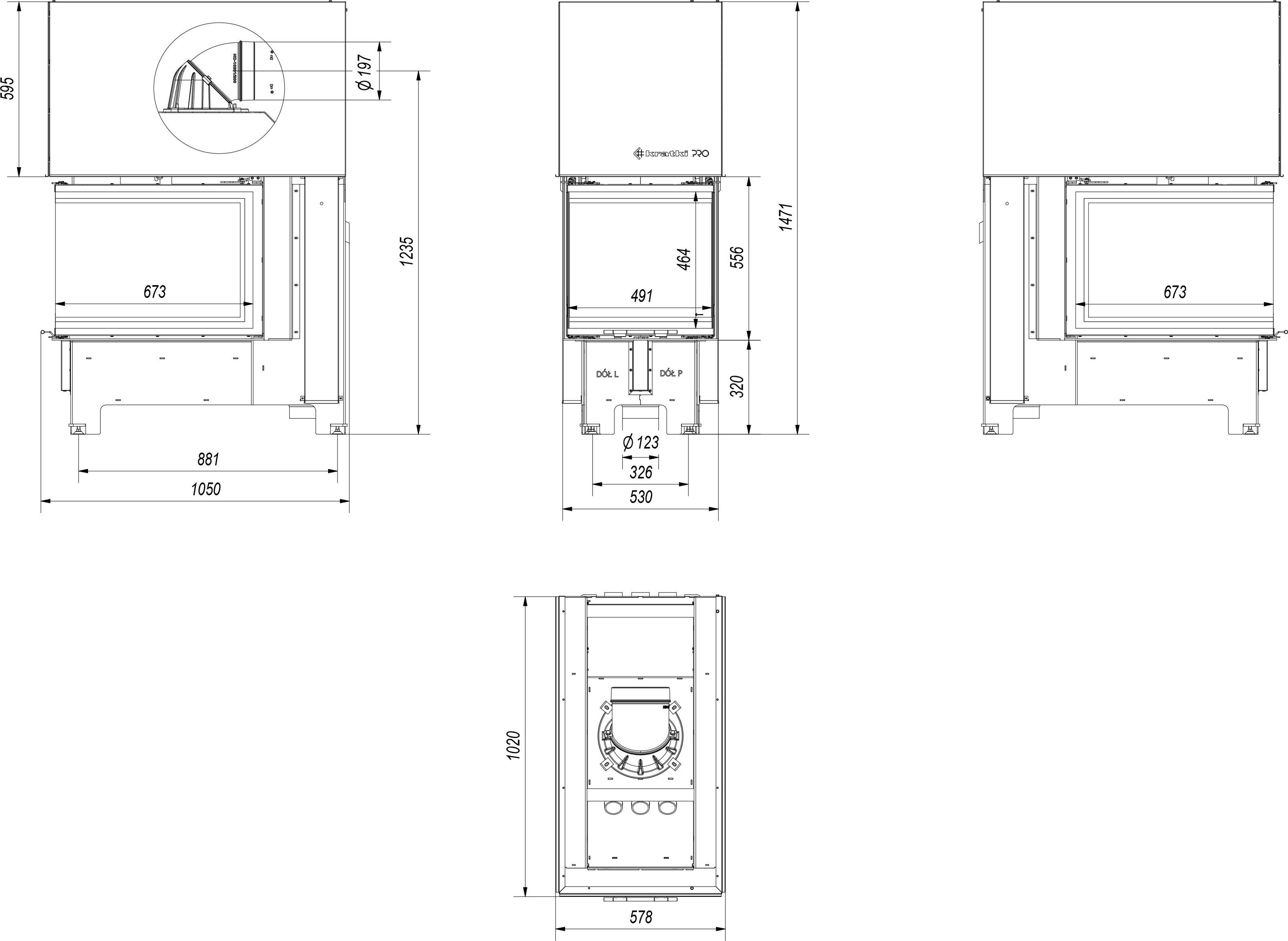 Intelligenter Kamineinsatz KRATKI NBU 500/700 11 kW Ø 200 mit Schiebetür schwarz Verkleidung MSK GLASS