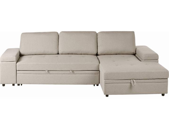 BELIANI 3-Sitzer Sofa Beige Leinenoptik Gesteppt L-Förmig mit Schlaffunktion Chaiselongue Linksseitig Armlehnen Stauraum Tiefe Sitzfläche Skandi