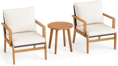 Costway 3 Pieces Wicker Sofa and Acacia Wood Table Set with Seat and Back Cushion-Offwhite