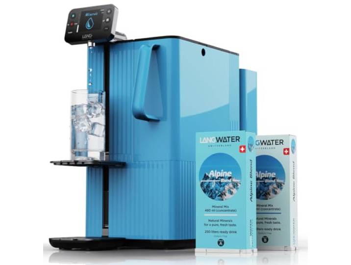 LANGWATER Auftisch Osmoseanlage mit Anpassbarer Mineralisierung & Heißwasserspender - Umkehrosmoseanlage mit 4-stufigem Wasserfilter (langlebige NSF58 RO, UV) & 2 Mineralpacks aus der Schweiz