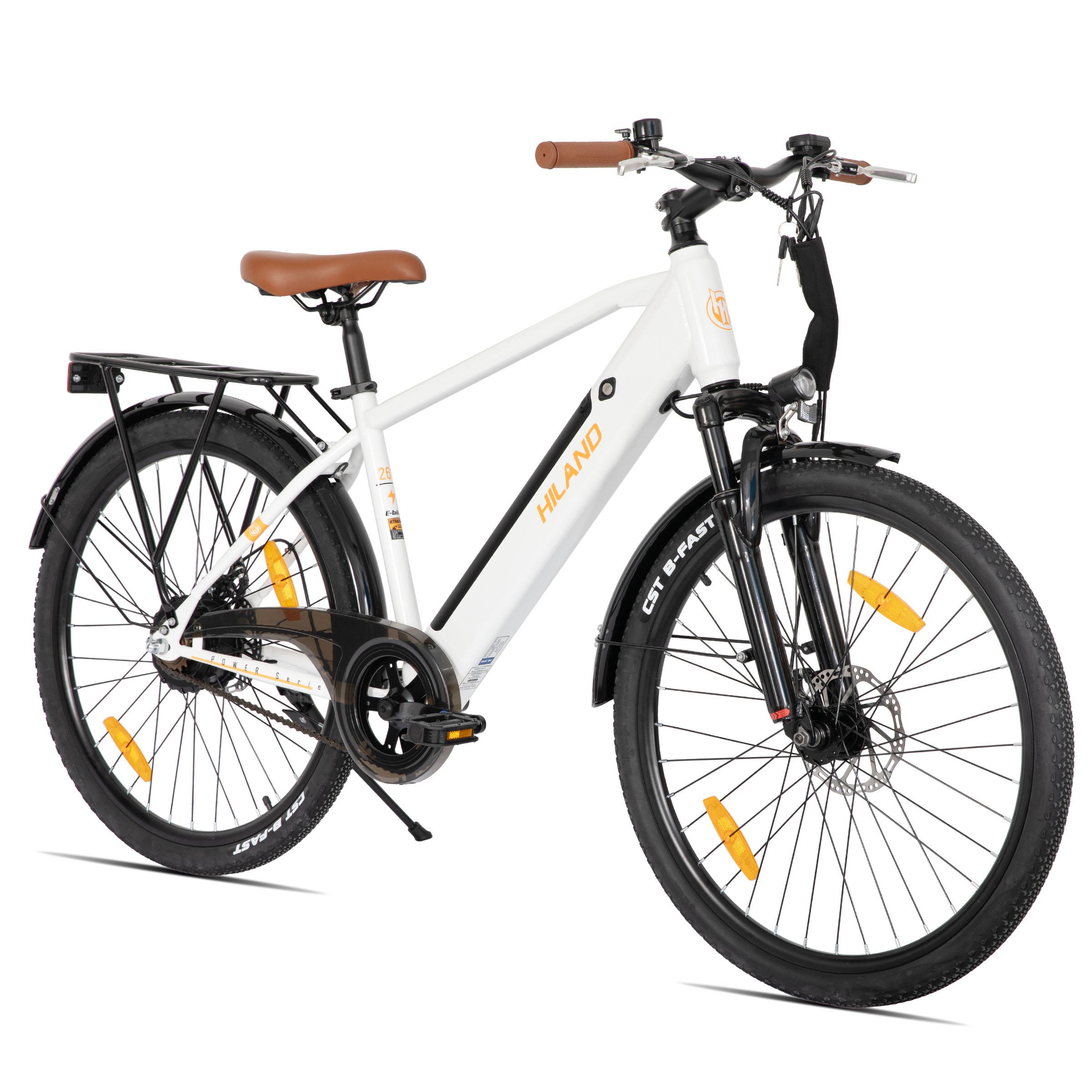 Hiland 26 Zoll 250W Elektro-Mountainbike, 36V 7.8Ah Akku, Elektrofahrrad für Männer Frauen mit Lampe, Gepäckträger, Stoßdämpfende Vorderradgabel, Weiß