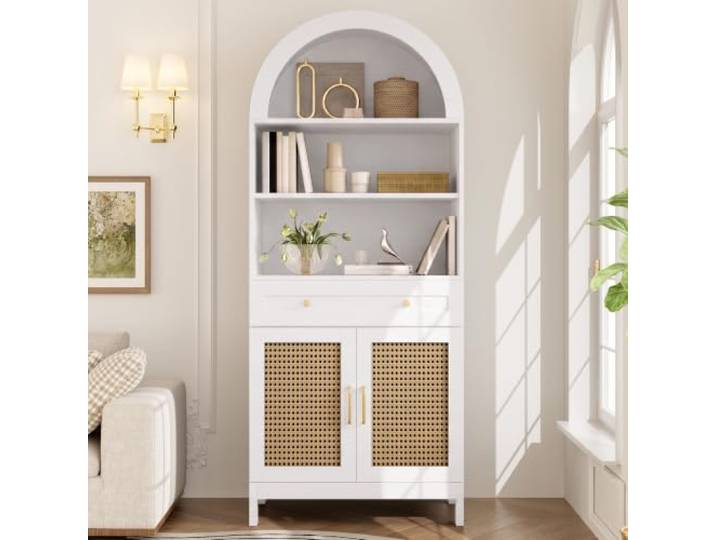 170cm Bogen Rattan Vitrinenschrank Weiß/Holz, 3 Fächer Gewölbter Küchenschrank mit 2 Türen, Schublade, Anti-Kipp-Schutz – ideal als Vitrinenschrank Wohnzimmer oder Flur