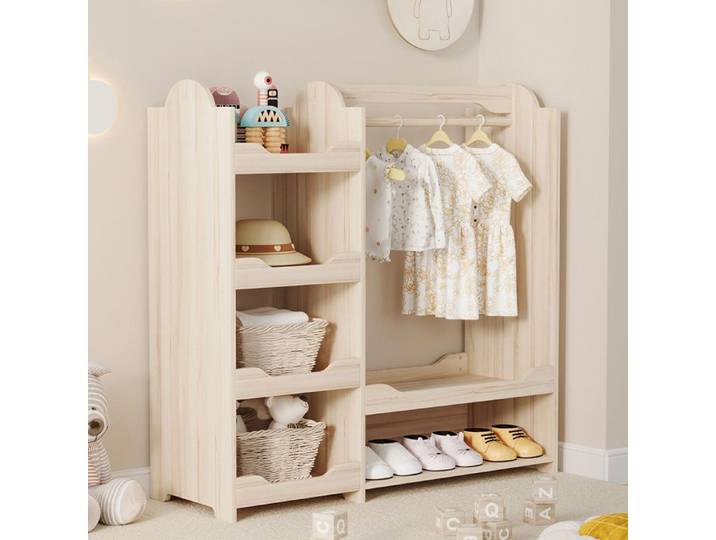 Armoire enfant penderie tringle à vêtements 4 étagères bois naturel rangement chambre