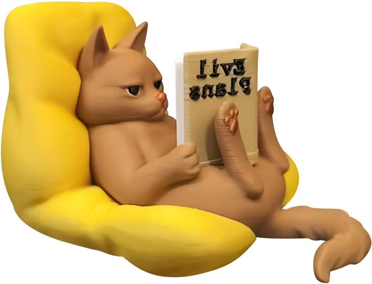 Handgeschilderd Resin Katten Lezend Boek Figuur - Mini Beeldje Decoratie voor de Boekenplank - 8.5 x 5.8 cm