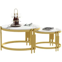 Moduliertes Couchtisch-Set 71x71x44 cm und 52x52x37 cm, Marmoroptik, goldener Metallrahmen, modern und flexibel