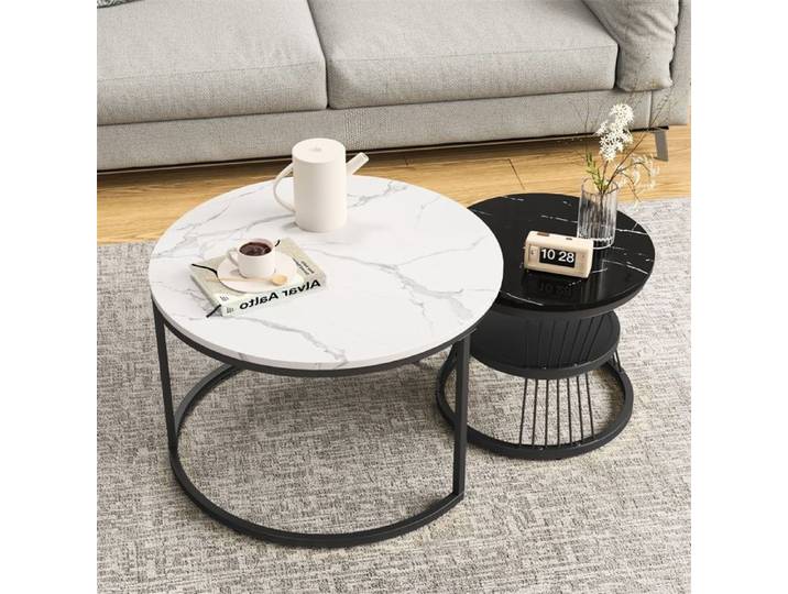Tables basses - Lot de 2 tables basses rondes gigognes - tables de salon modulables - Blanc et Noir