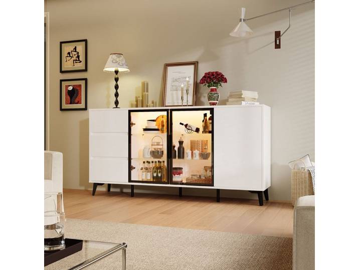 Buffet FUFU&GAGA avec 3 portes et 3 tiroirs éclairage LED 3 couleurs intégré verre trempé Salon 120x40x81.6 Blanc brillant
