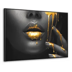 LEINWAND Bilder mit Rahmen - Frau - Schwarz - Gold - Gesicht - Lippen - 120x80