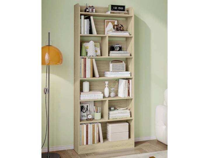 Bibliothèque Étagère à 7 Niveaux Meuble de Rangement Livres Cloison Séparateur Présentoir pour Salon Chambre Beige Chêne