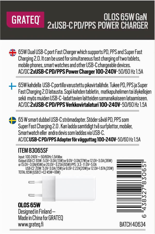 Grateq Olos 2 x USB-C GaN Verkkolaturi, 65W, Valkoinen