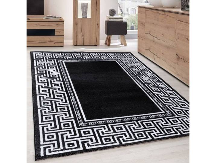 Tapis noir moderne avec large bordure grecque géométrique pour salon chambre salle à manger - 120x170 cm