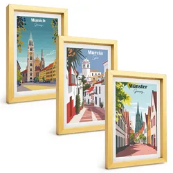 BILDER SET 3er Set - 20x30 cm Goldrahmen - Europäische Städte in farbigen Zeichnungen