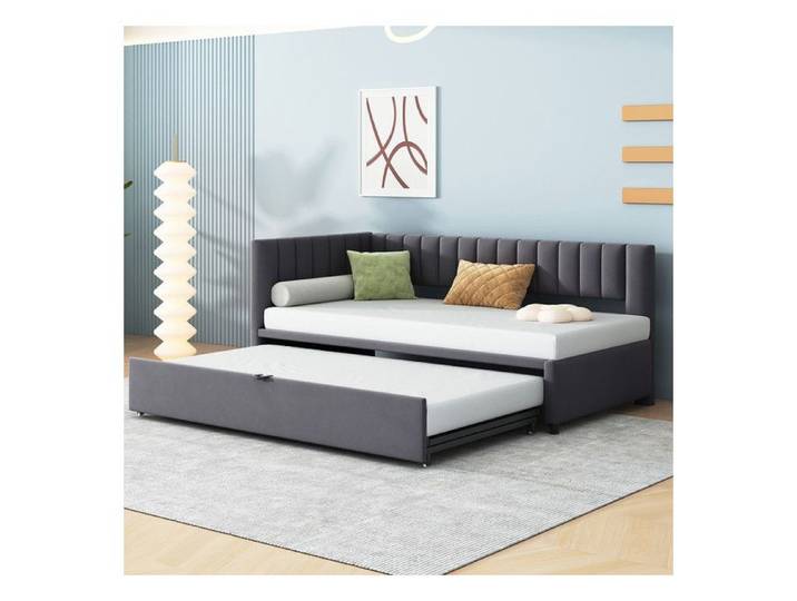 Lit Gigogne 90/180x200 cm Canapé-Lit en Forme Lit Rembourré Lit Simple pour Lit Enfant en Velours Lit Adulte Gris foncé