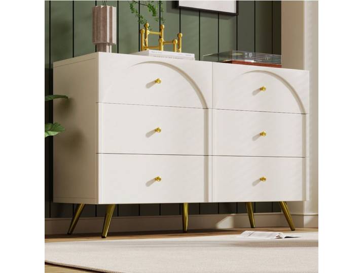 Commode 6 tiroirs crème blanc 120x40x85 cm avec rangement pieds métalliques dorés design arqué chambre JOINERY