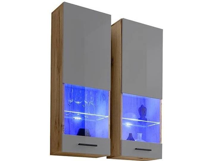 Vitrine murale T51 - Extreme Furniture - Gris Brillant & Bois naturel - LED bleues