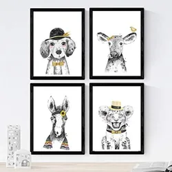 POSTER Set mit 4 Kinder Tiere in Hut A4 Rahmenlos