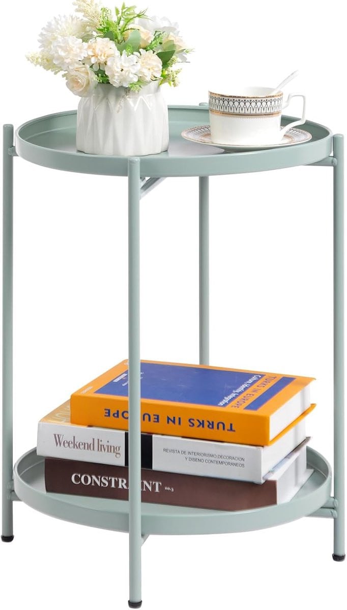 HollyHOME Ronde bijzettafel met 2 niveaus, metalen salontafel voor woonkamer, balkon of slaapkamer, groenblauw