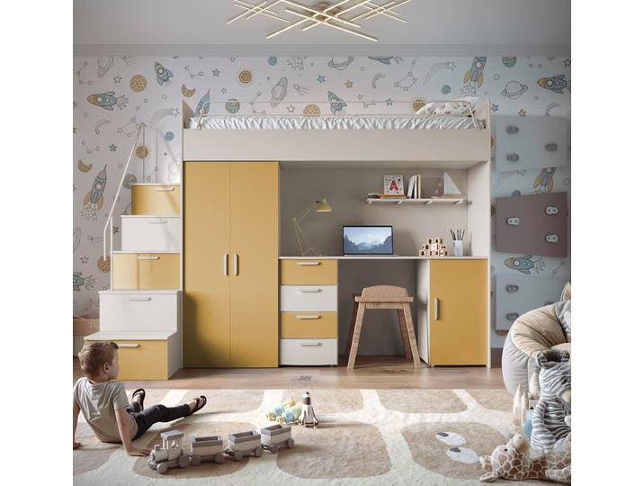 Compleo Jugendbett mit Arbeitsbereich Hochbett, Modern Kinderzimmer STARS