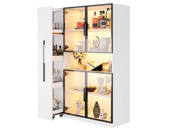 Vitrine Blanc avec éclairage LED Armoire Multifonction avec étagères Coulissantes et Porte en Verre Armoire Haute 110×35×160cm