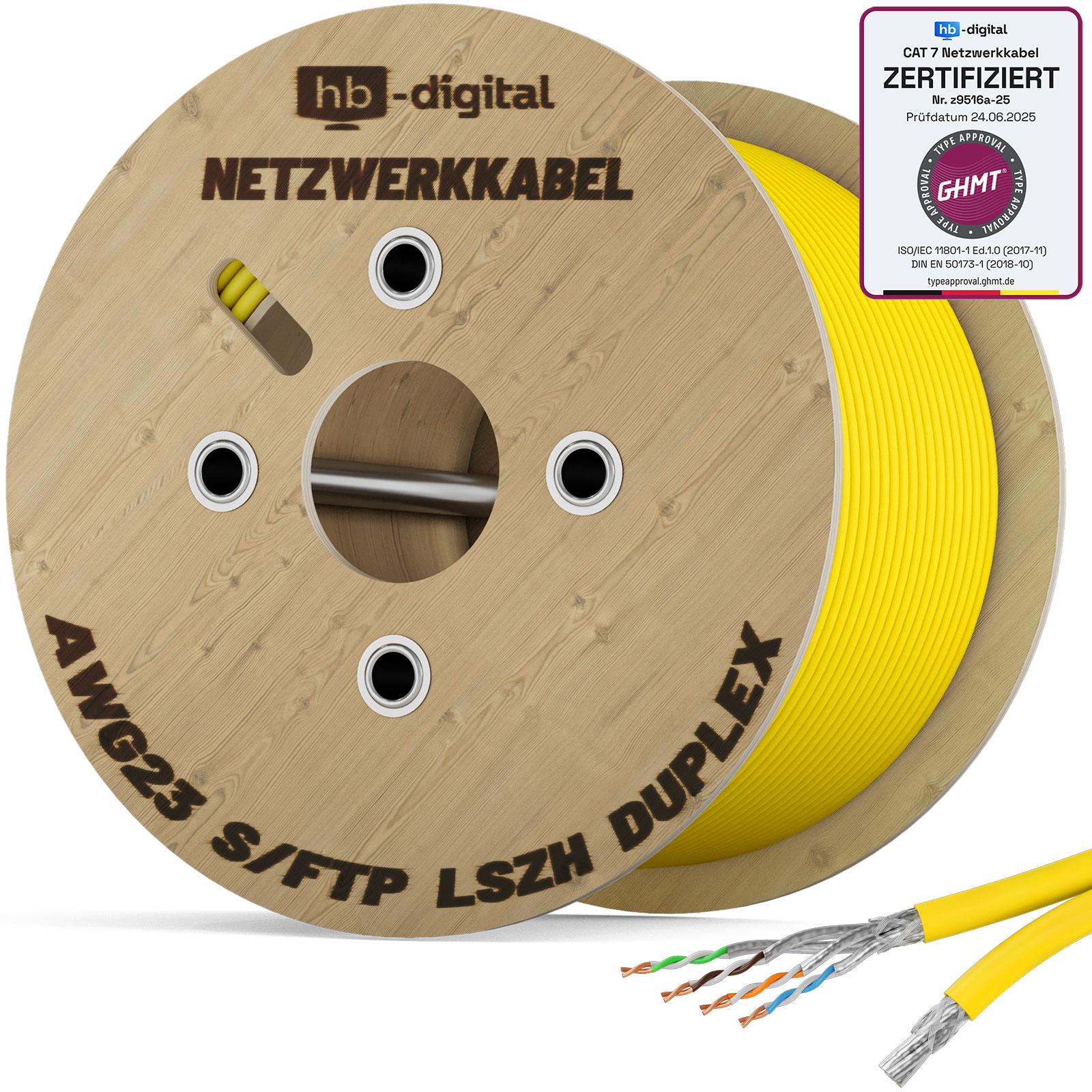 hb-digital CAT 7 Verlegekabel Duplex Ethernet 250m Datenkabel Installationskabel S/FTP AWG23 LSZH gelb
