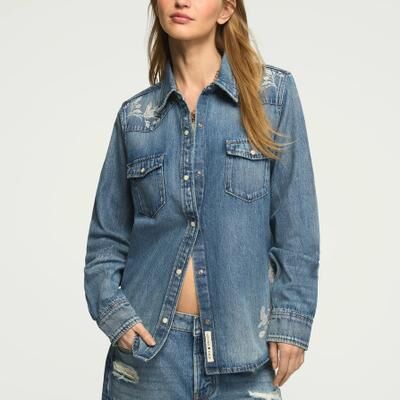 Lucky Brand Embroidered Denim Western Shirt - Women's Clothing Outerwear Jean Denim Jackets in Shocking Surprise Wash, Size L