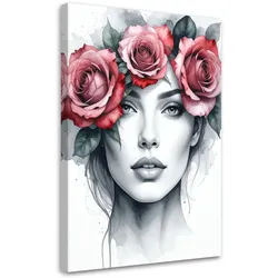 LEINWANDBILD Porträt einer Frau mit Rosenblüten auf dem Kopf 80x120cm