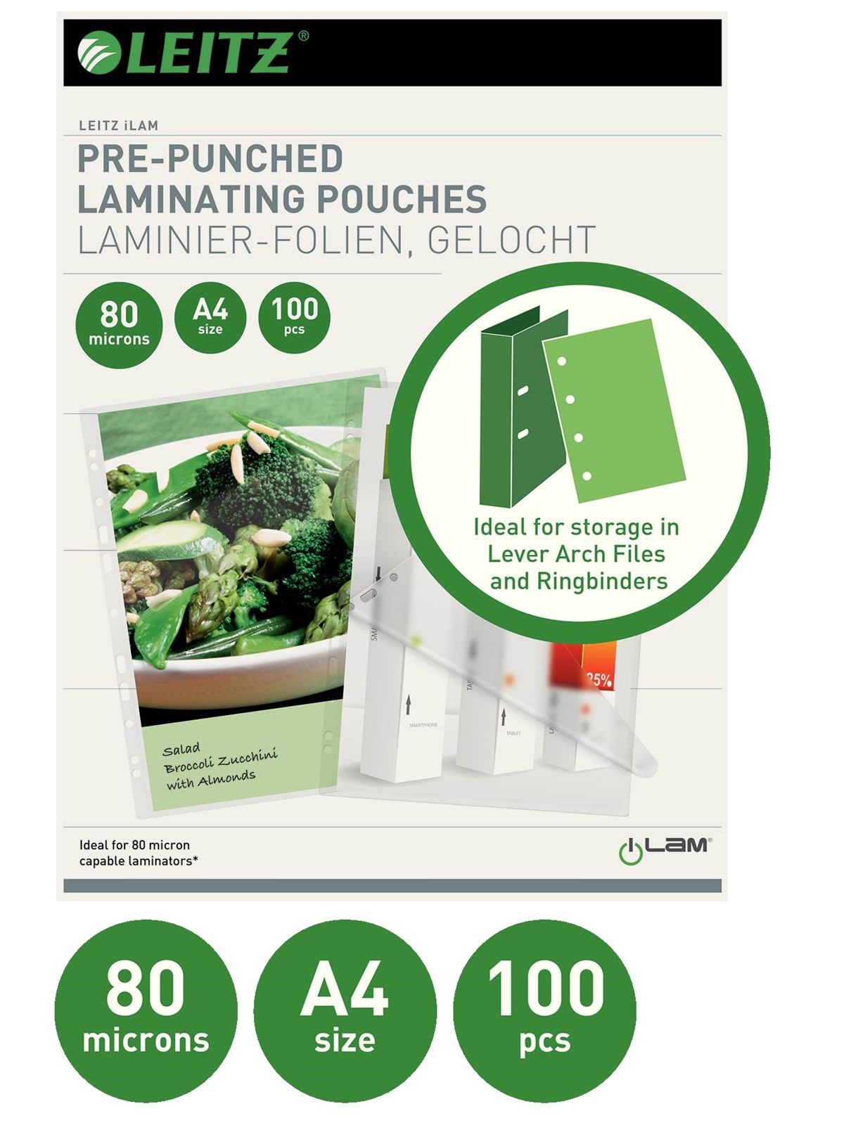 Leitz iLAM Heißlaminierfolien mit Abheftlochung A4, 80 mic, 100 Stück