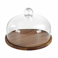 Relaxdays Tortenplatte, Glasdeckel, Kuchenplatte, hält Lebensmittel frisch, HD: 16x28 cm, Käseglocke Akazienholz, natur