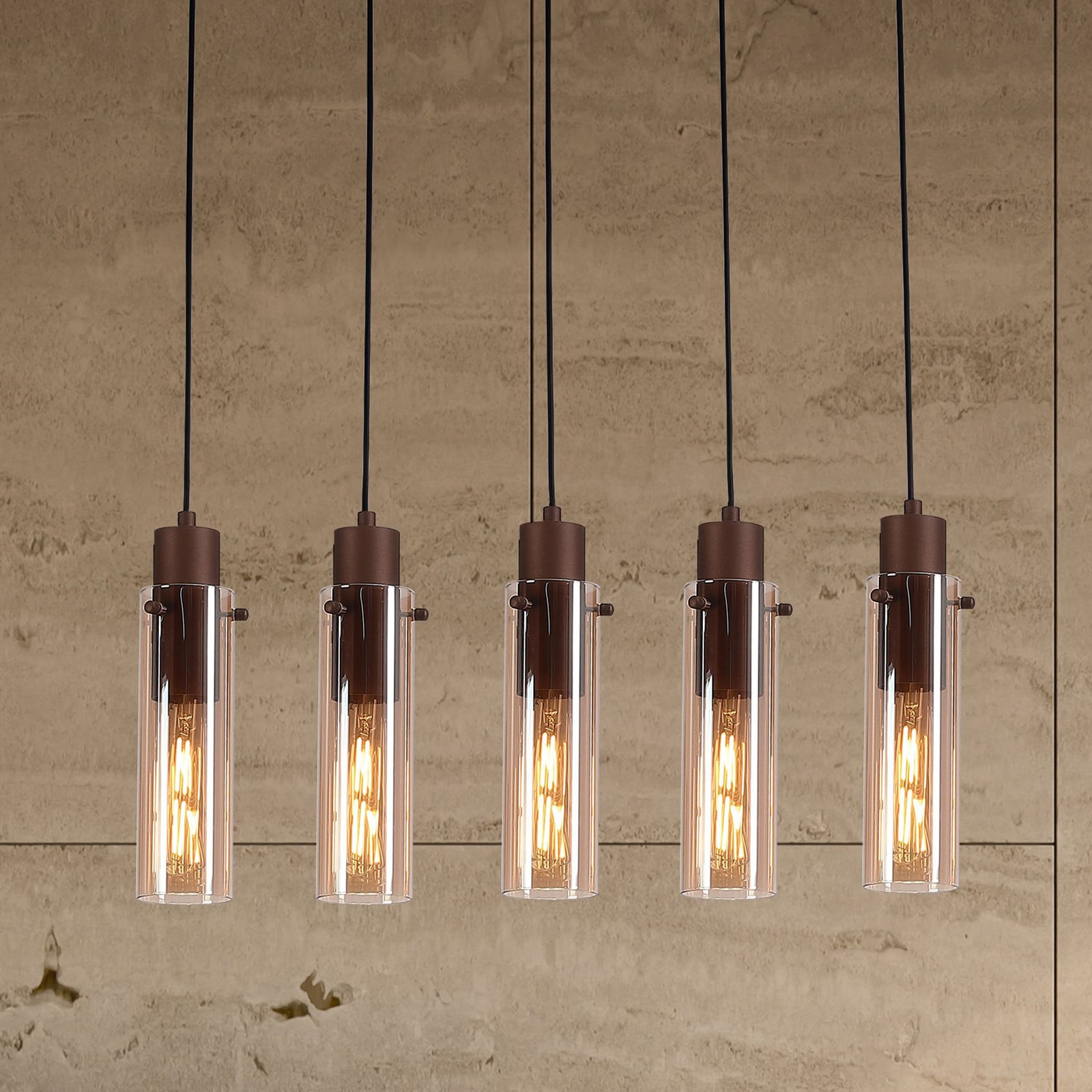 Searchlight Sweden II recht 5-lichts hanglamp - Bruin - Metaal en Glas - H 68 cm