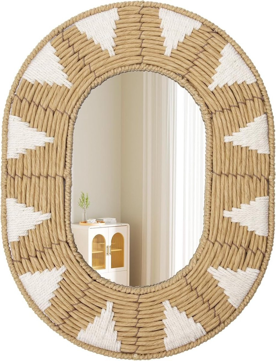 Ovale Rieten Wandspiegel - Handgeweven Boho Spiegel voor Wanddecoratie - B: 42 cm, H: 32 cm