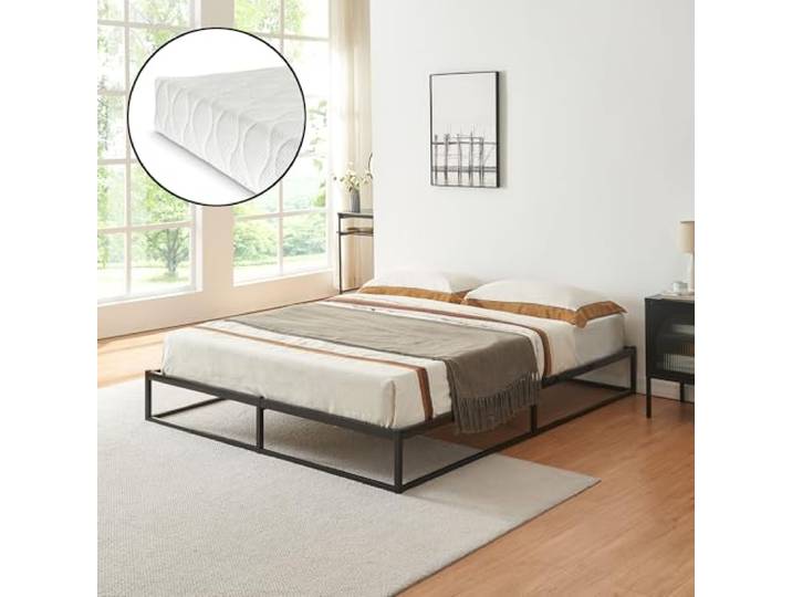 [en.casa] Bett Trerunta Metallbett mit Matratze 140 x 200 cm Doppelbett Bettgestell aus Metall Betten Stauraum unter dem Bett Bettrahmen Stahl Schwarz