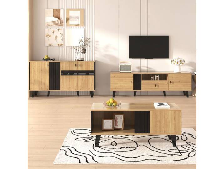 COVREO Ensemble meubles de salon 3 pièces avec meuble TV 170 cm table basse sideboard LED noir et bois